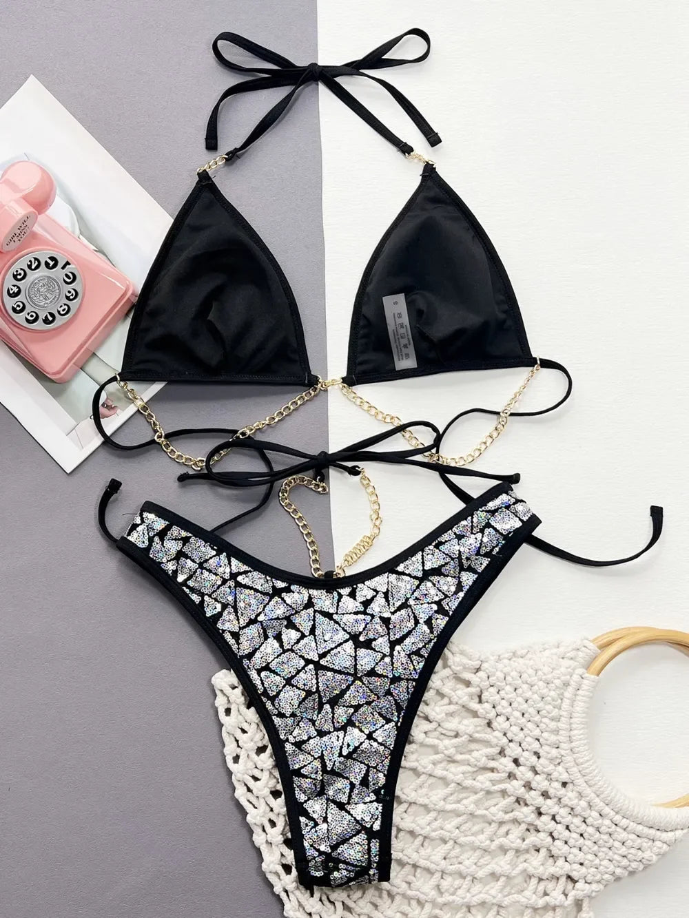 Sequin Halter Neck Two-Piece Bikini Set - Piña Colada