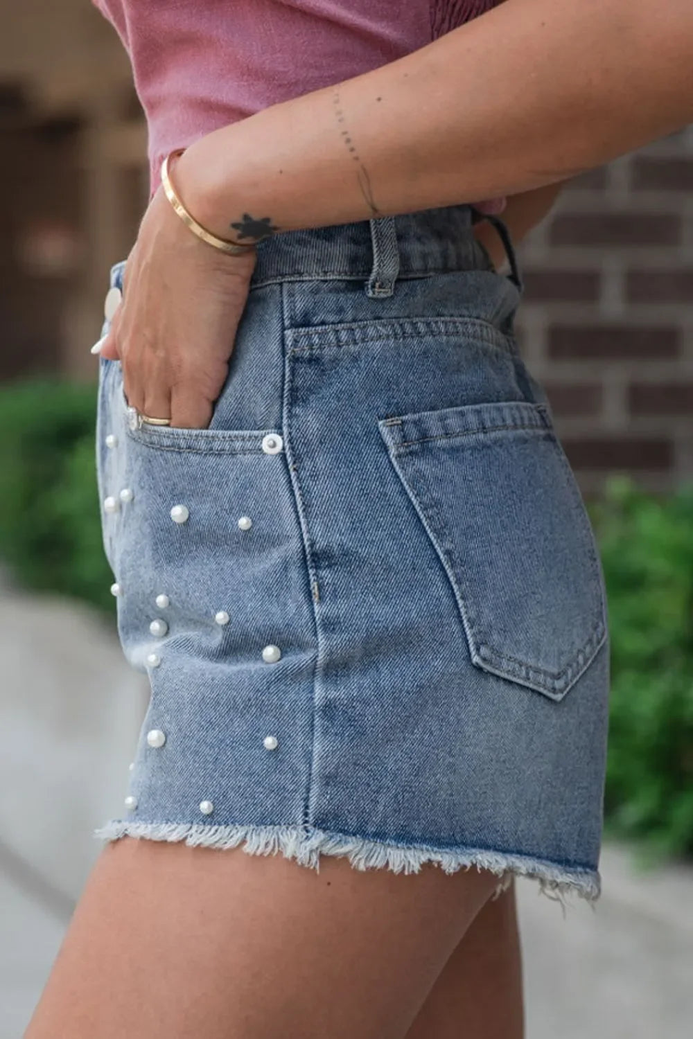 Pearl Beaded Raw Hem Wash Denim Shorts - Piña Colada