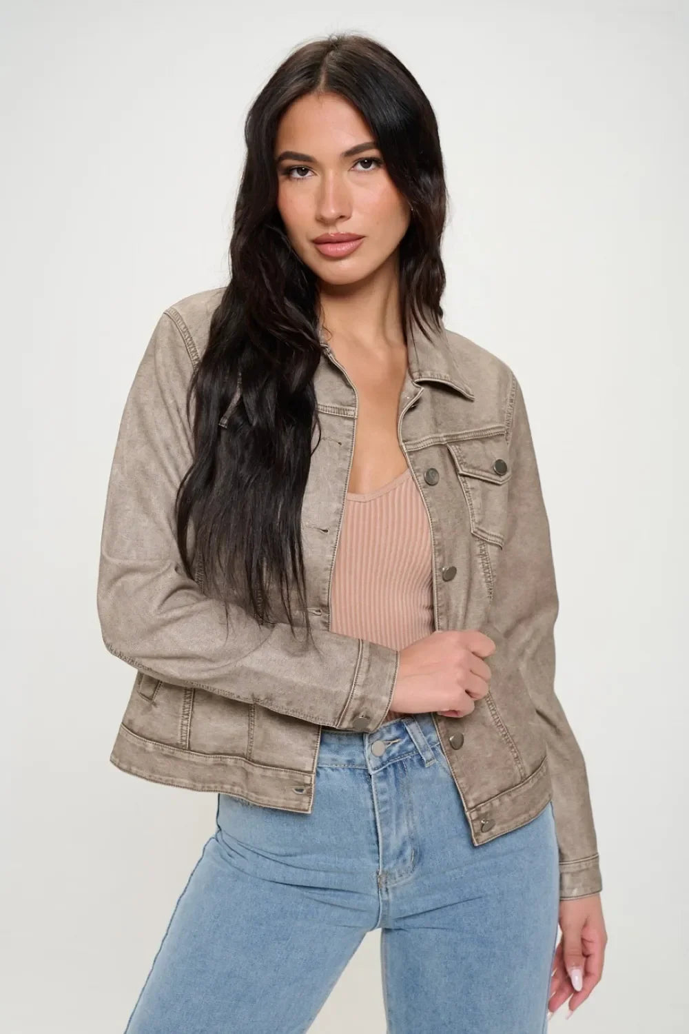 Coalition LA Button Down Cargo Vegan Leather Shacket - Piña Colada