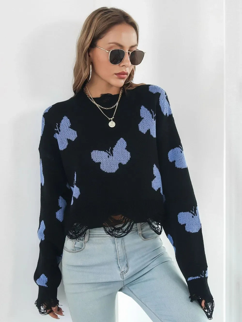 Distressed Butterfly Cropped Sweater - Piña Colada