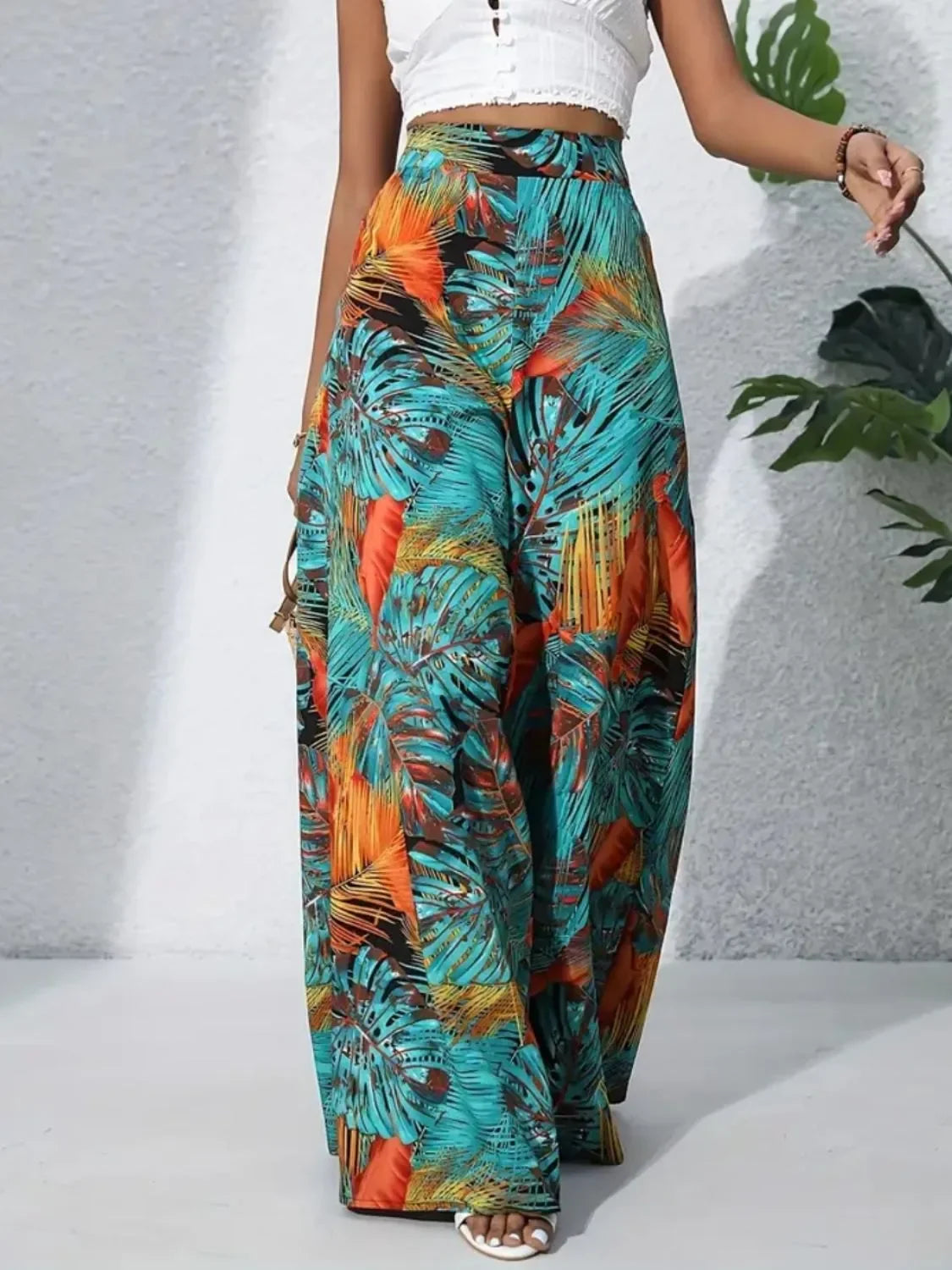 Printed High Waist Wide Leg Pants - Piña Colada