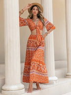 Printed Plunge Half Sleeve Top and Skirt Set - Piña Colada