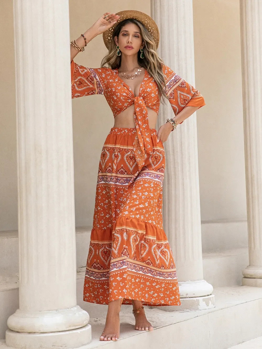 Printed Plunge Half Sleeve Top and Skirt Set - Piña Colada