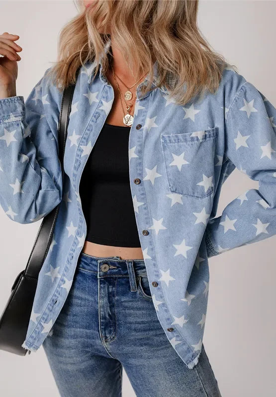 Star Collared Neck Denim Jacket - Piña Colada