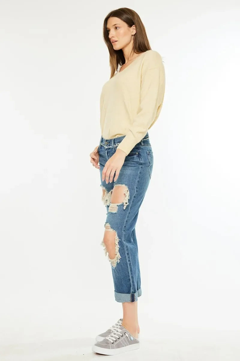 Kancan Distressed Mid Rise True Boyfriend Jeans - Piña Colada