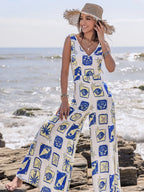 Printed V-Neck Wide Leg Jumpsuit - Piña Colada