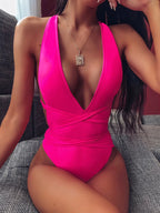 Halter Neck Deep V Tied One-Piece Swimsuit - Piña Colada