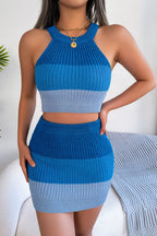 Color Block Sleeveless Crop Knit Top and Skirt Set - Piña Colada