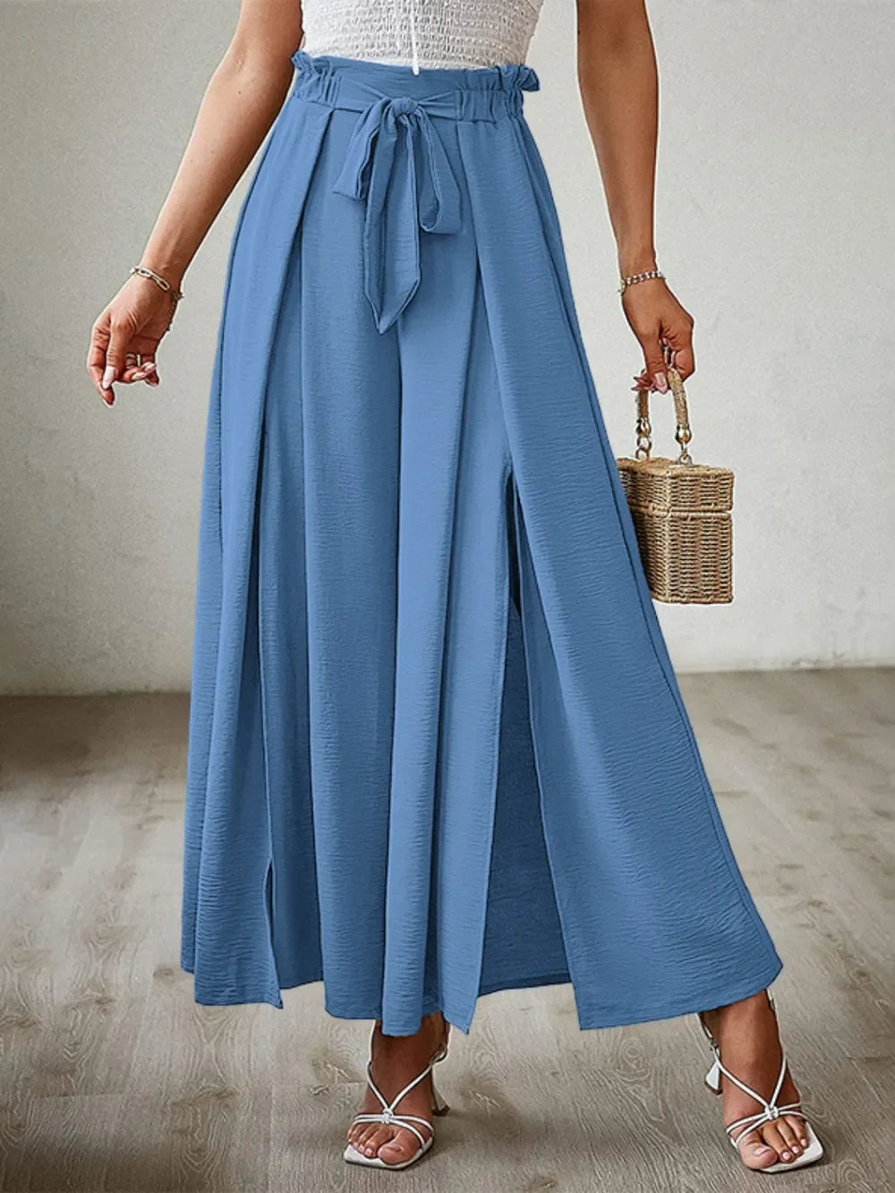 Tied Slit Wide Leg Pants - Piña Colada