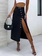 Front Button Slit Midi Denim Skirt - Piña Colada