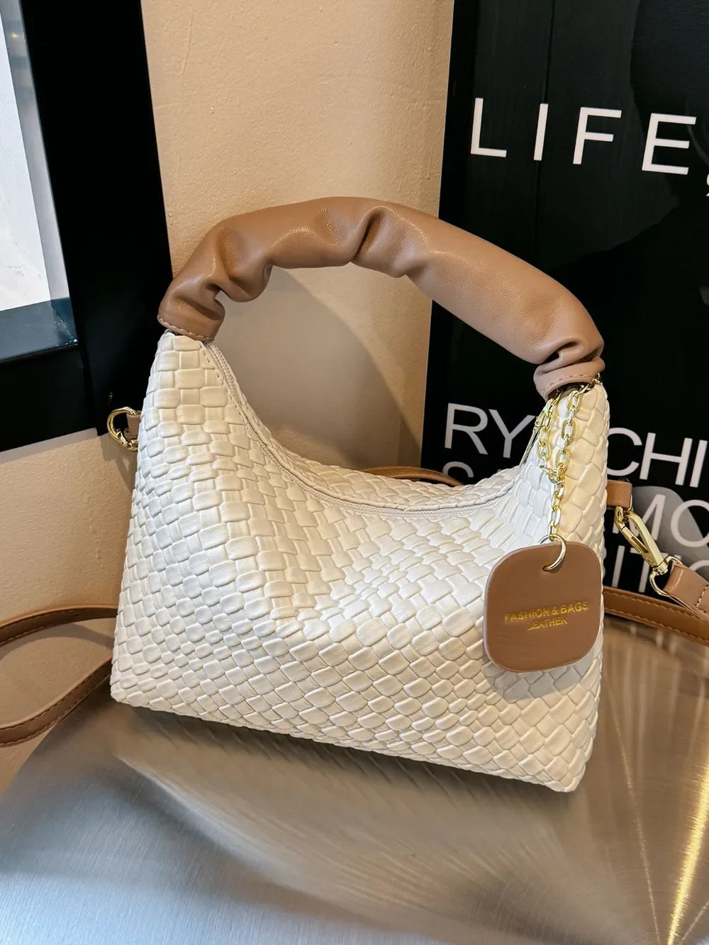 PU Leather Woven Crossbody Bag - Piña Colada