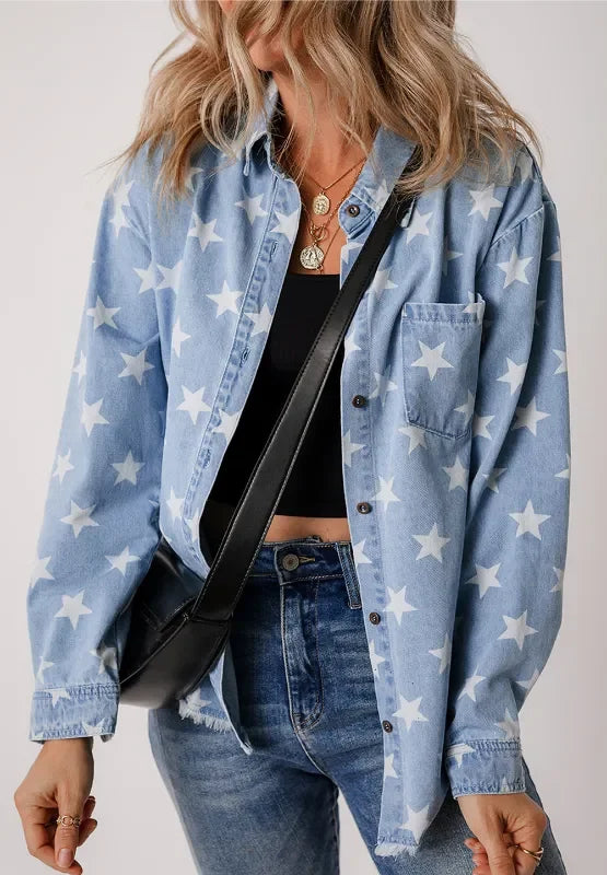 Star Collared Neck Denim Jacket - Piña Colada