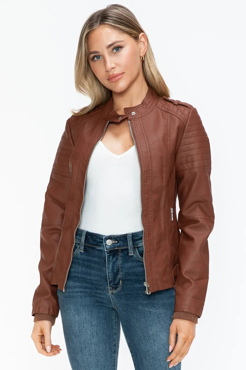 Snobbish PU Leather Biker Jacket with Side Zip Pockets - Piña Colada