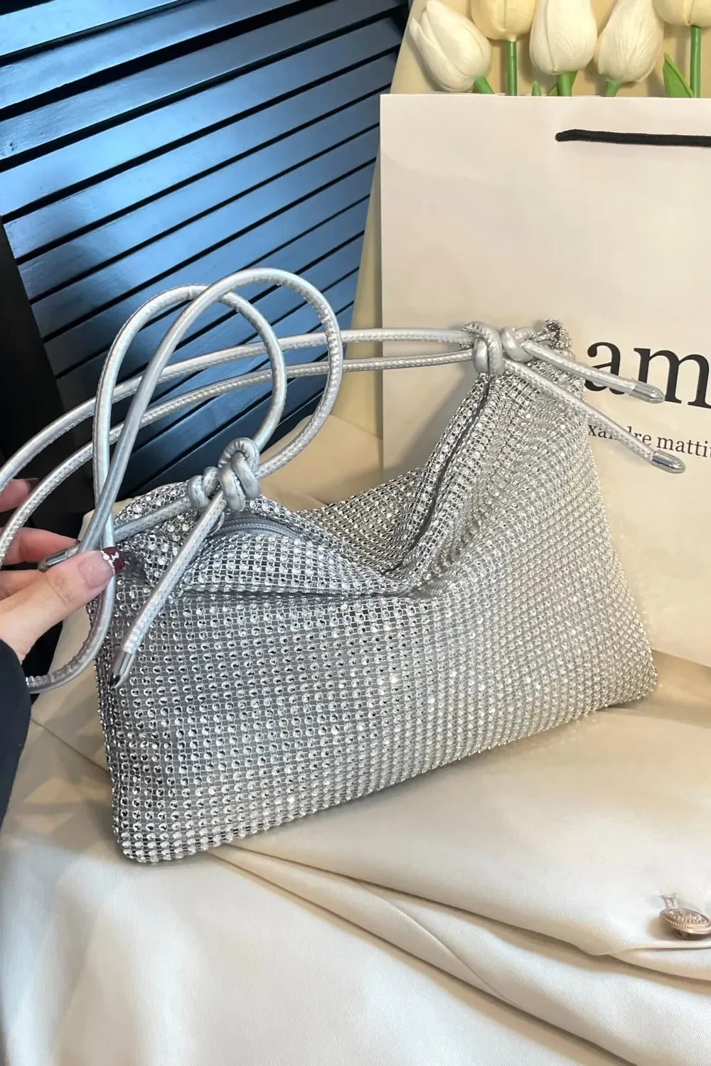 Rhinestone Knotted Strap Crossbody Bag - Piña Colada