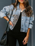 Distressed Leopard Drop Shoulder Denim Jacket - Piña Colada