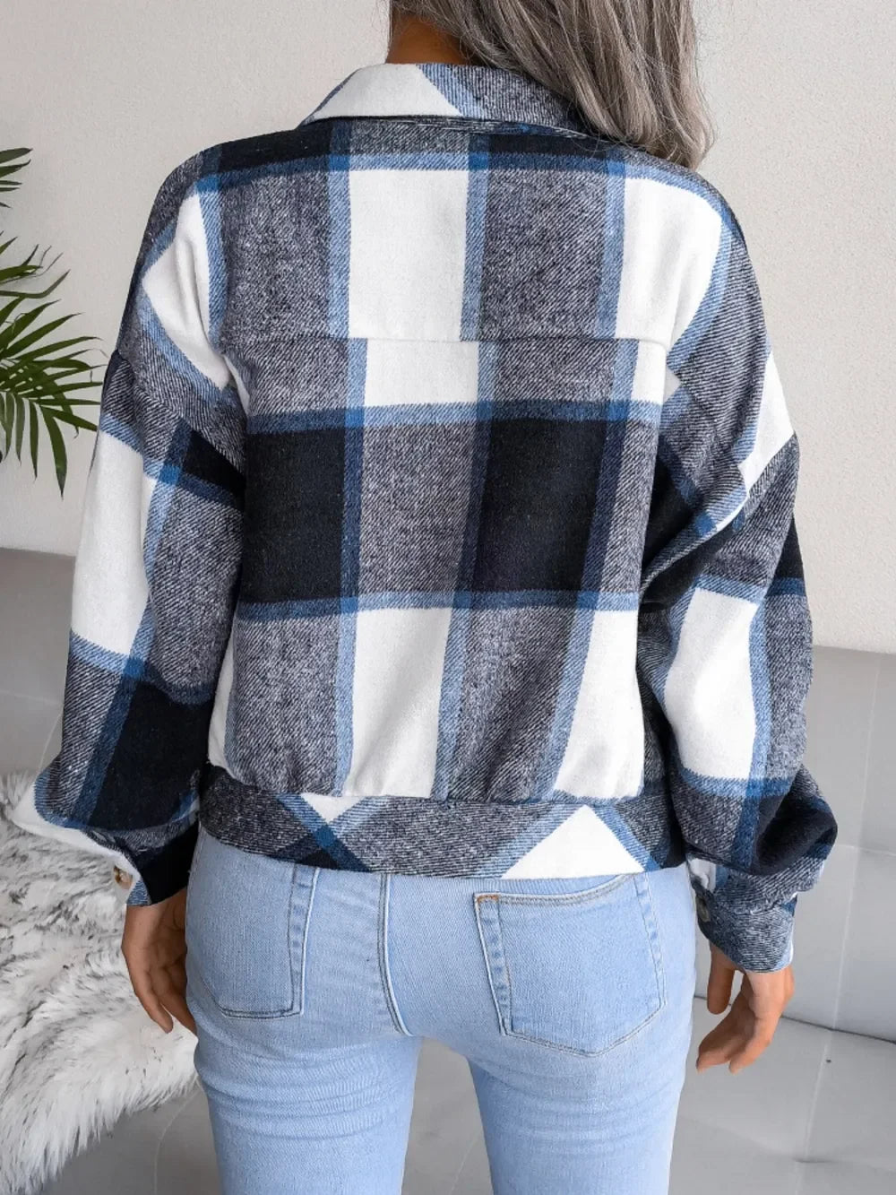 Plaid Collared Neck Long Sleeve Jacket - Piña Colada