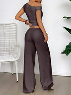 One Shoulder Top and Wide Leg Pants Set - Piña Colada