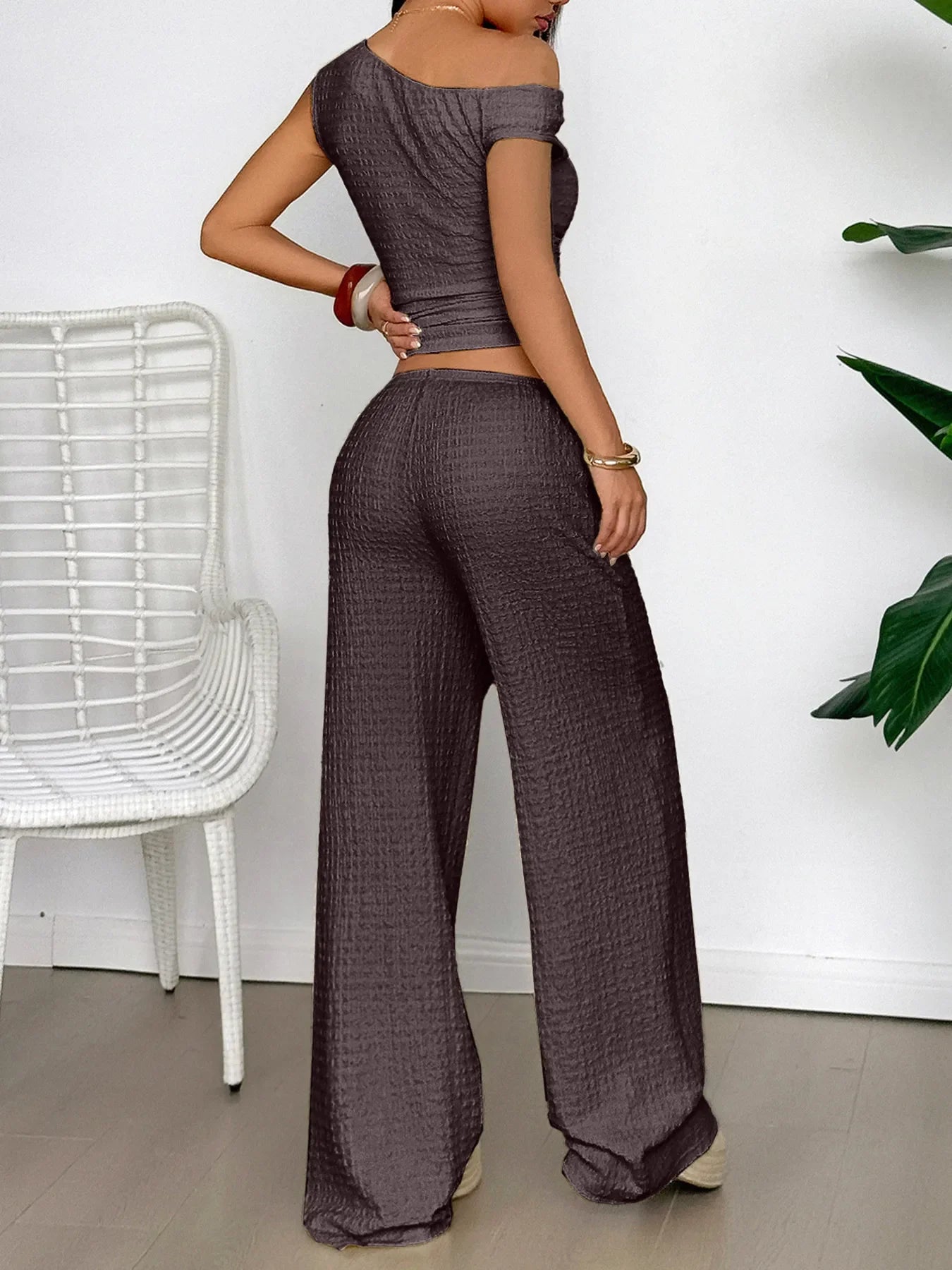 One Shoulder Top and Wide Leg Pants Set - Piña Colada