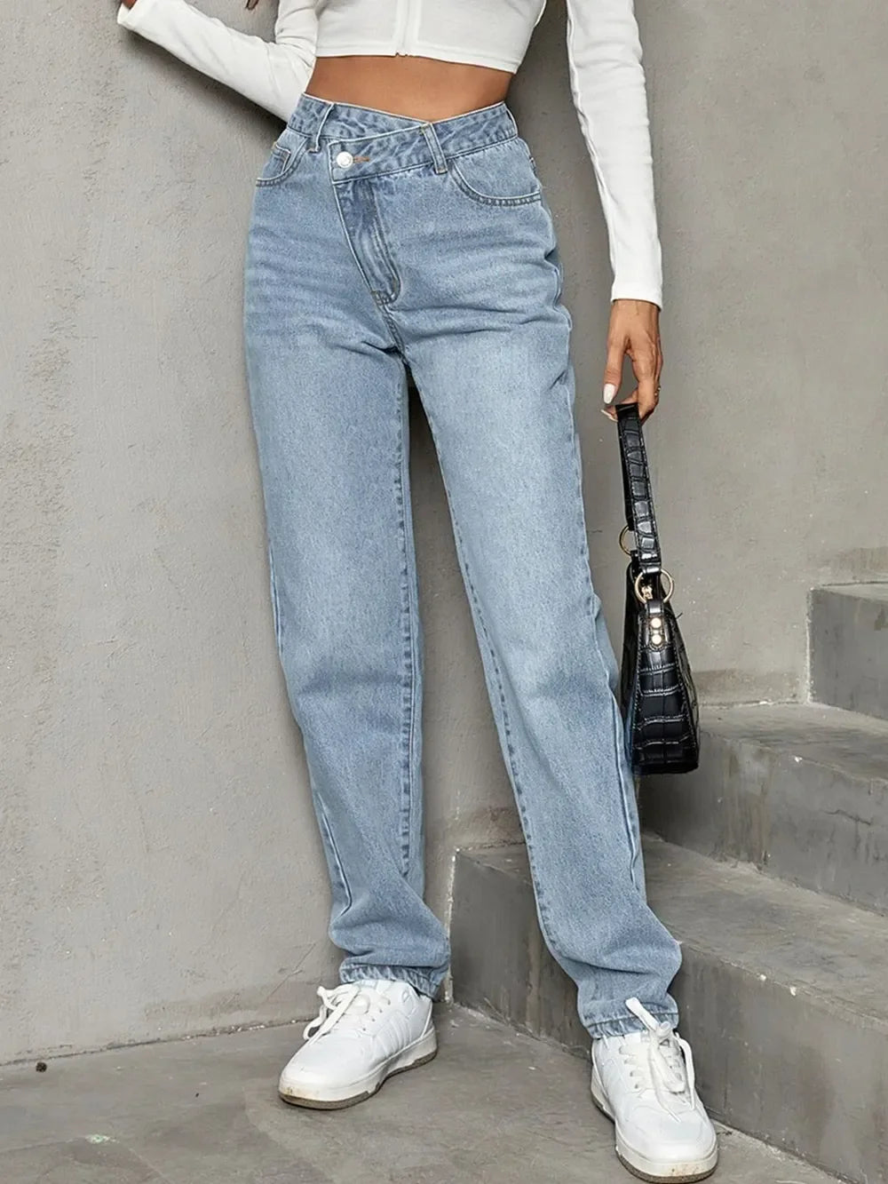 Asymmetrical Waist Straight Leg Jeans - Piña Colada