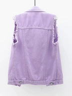 Full Size Button Down Raw Hem Sleeveless Denim Jacket Plus Size - Piña Colada