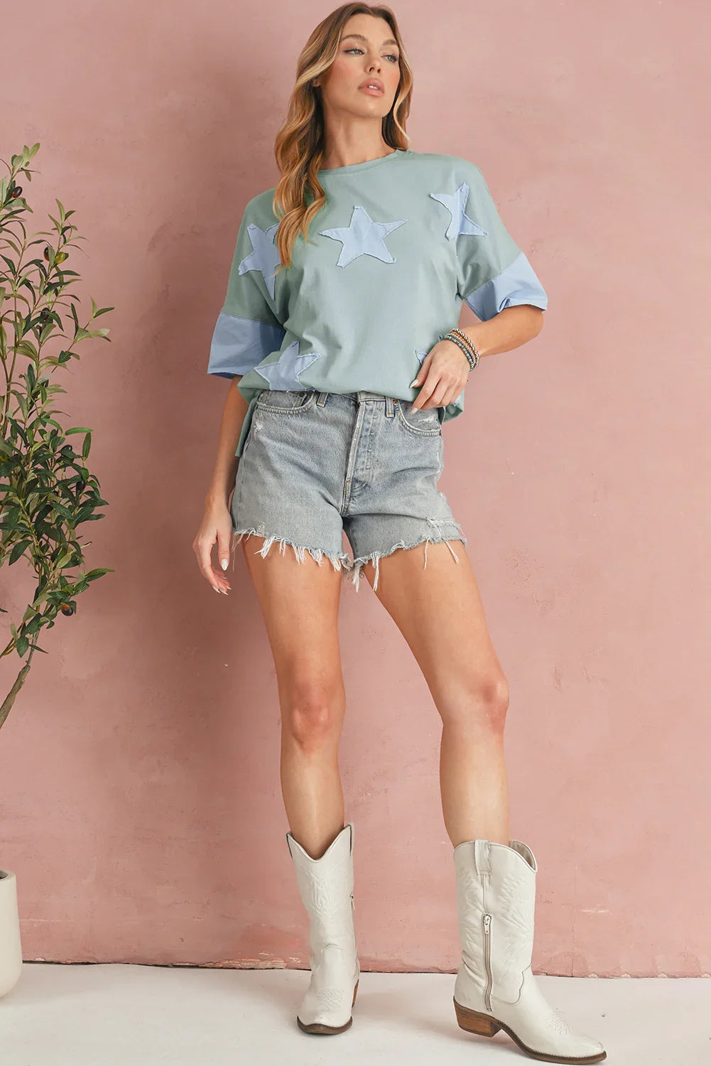 Oversized Star Patch T-Shirt – Raw Hem Split Design for Women - Piña Colada