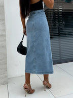 Front Button Slit Midi Denim Skirt - Piña Colada