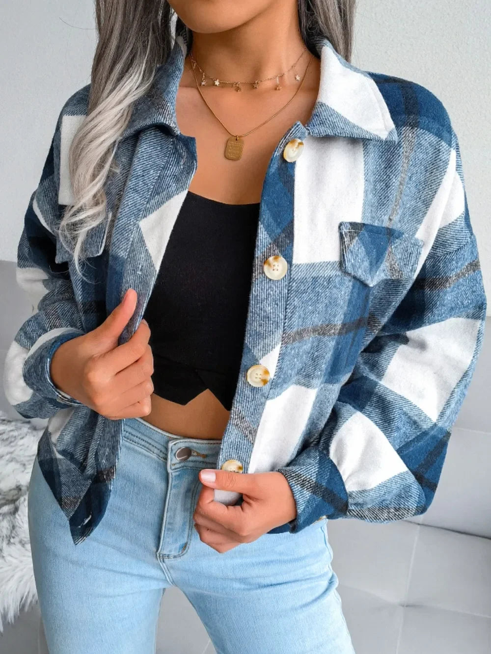 Plaid Collared Neck Long Sleeve Jacket - Piña Colada