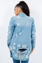 American Bazi Distressed Button Up Long Sleeve Denim Jacket - Piña Colada