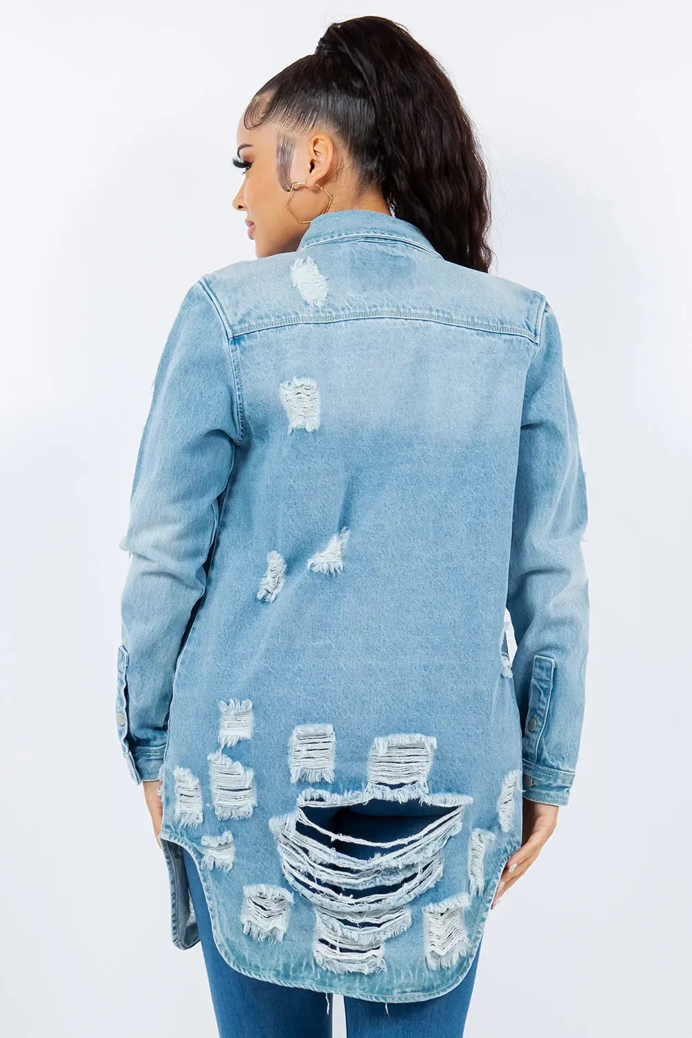 American Bazi Distressed Button Up Long Sleeve Denim Jacket - Piña Colada