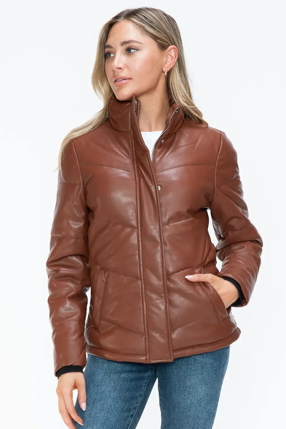 Snobbish Pocketed Zip Up Turtleneck Puffer Jacket - Piña Colada