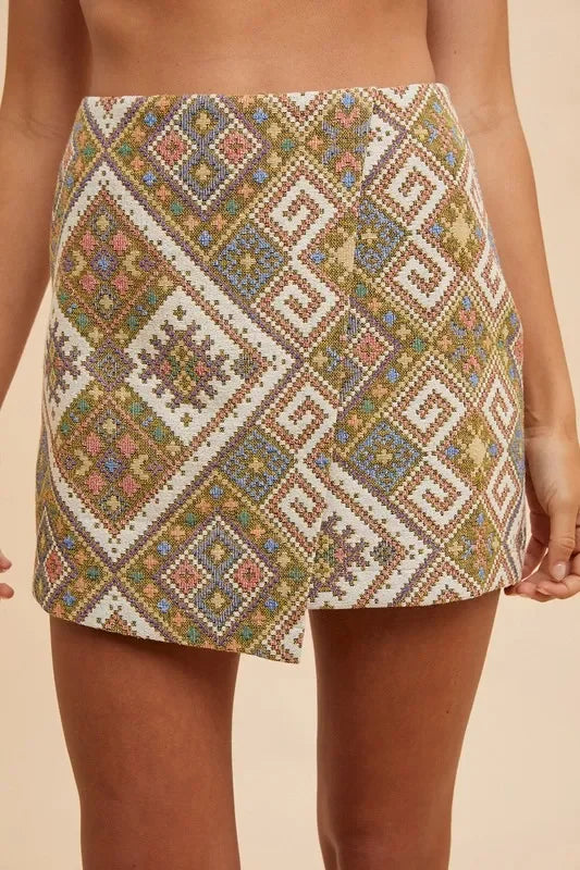 Annie Wear Ethic Woven Jacquard Wrap Mini Skirt - Piña Colada