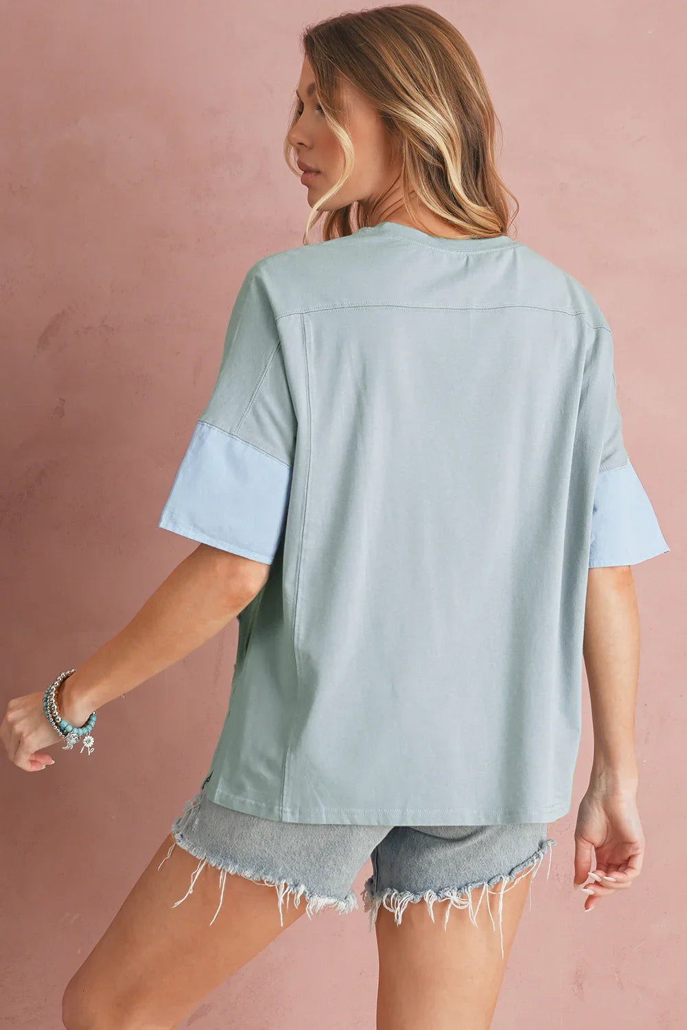 Oversized Star Patch T-Shirt – Raw Hem Split Design for Women - Piña Colada