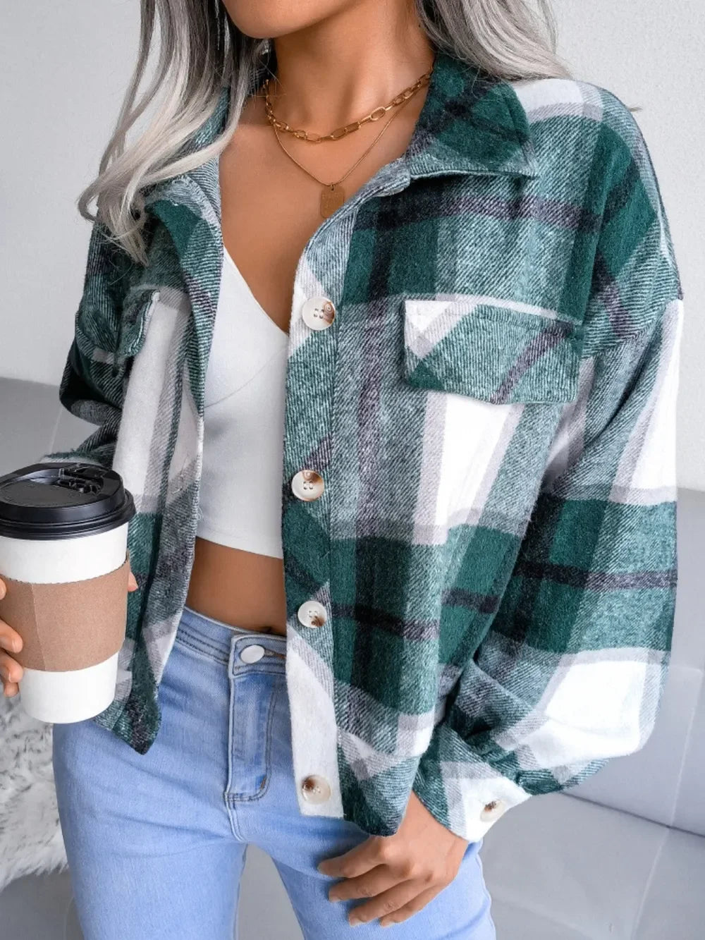 Plaid Collared Neck Long Sleeve Jacket - Piña Colada