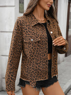 Leopard Print Raw Hem Denim Jacket - Piña Colada