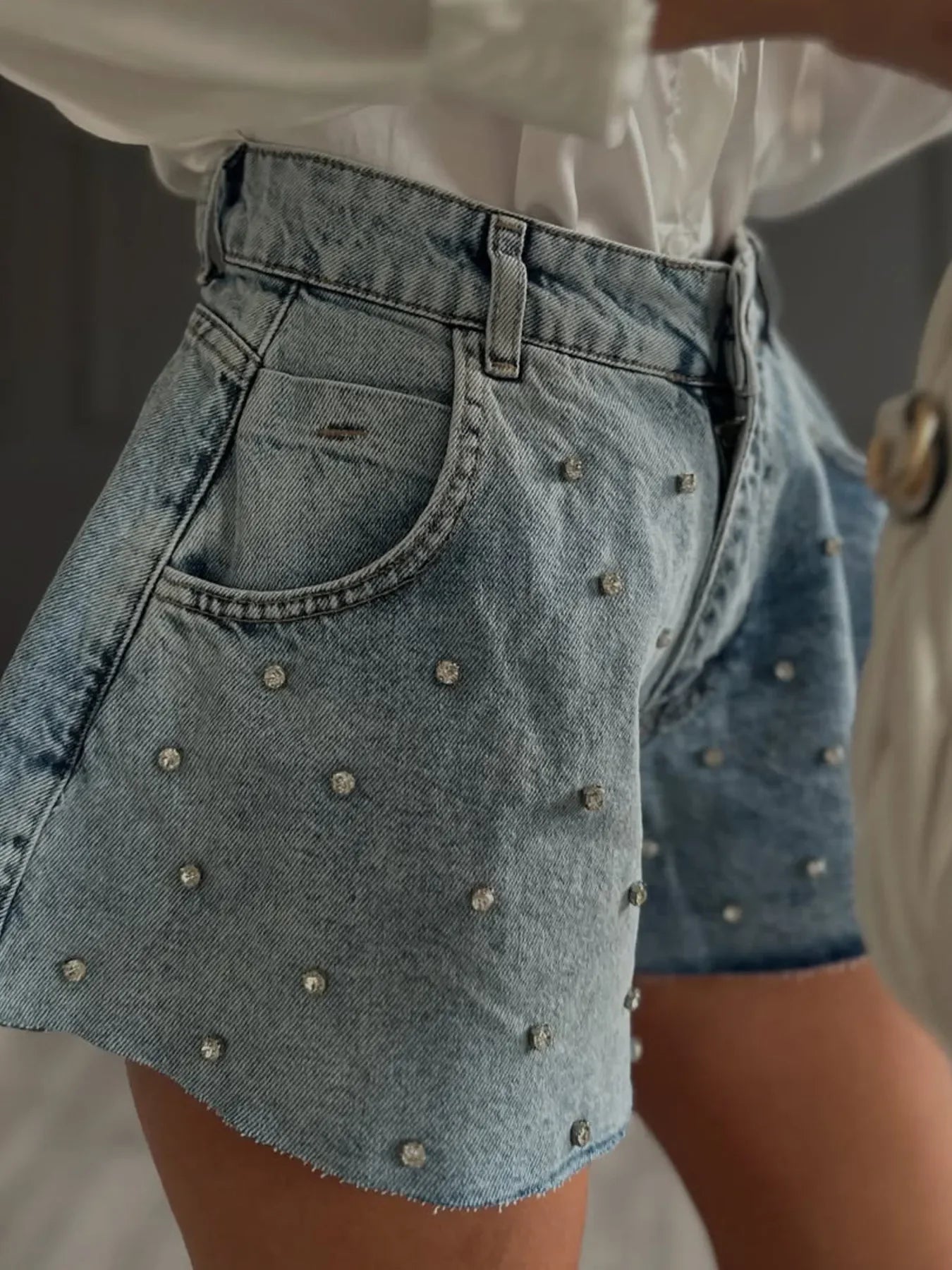 Rhinestone High Waist Denim Shorts - Piña Colada
