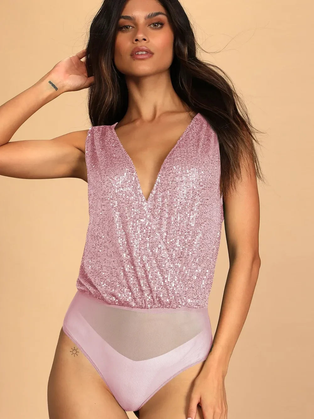 Sequin Surplice Sleeveless Bodysuit - Piña Colada