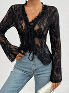 Tie Front Long Sleeve Lace Top - Piña Colada