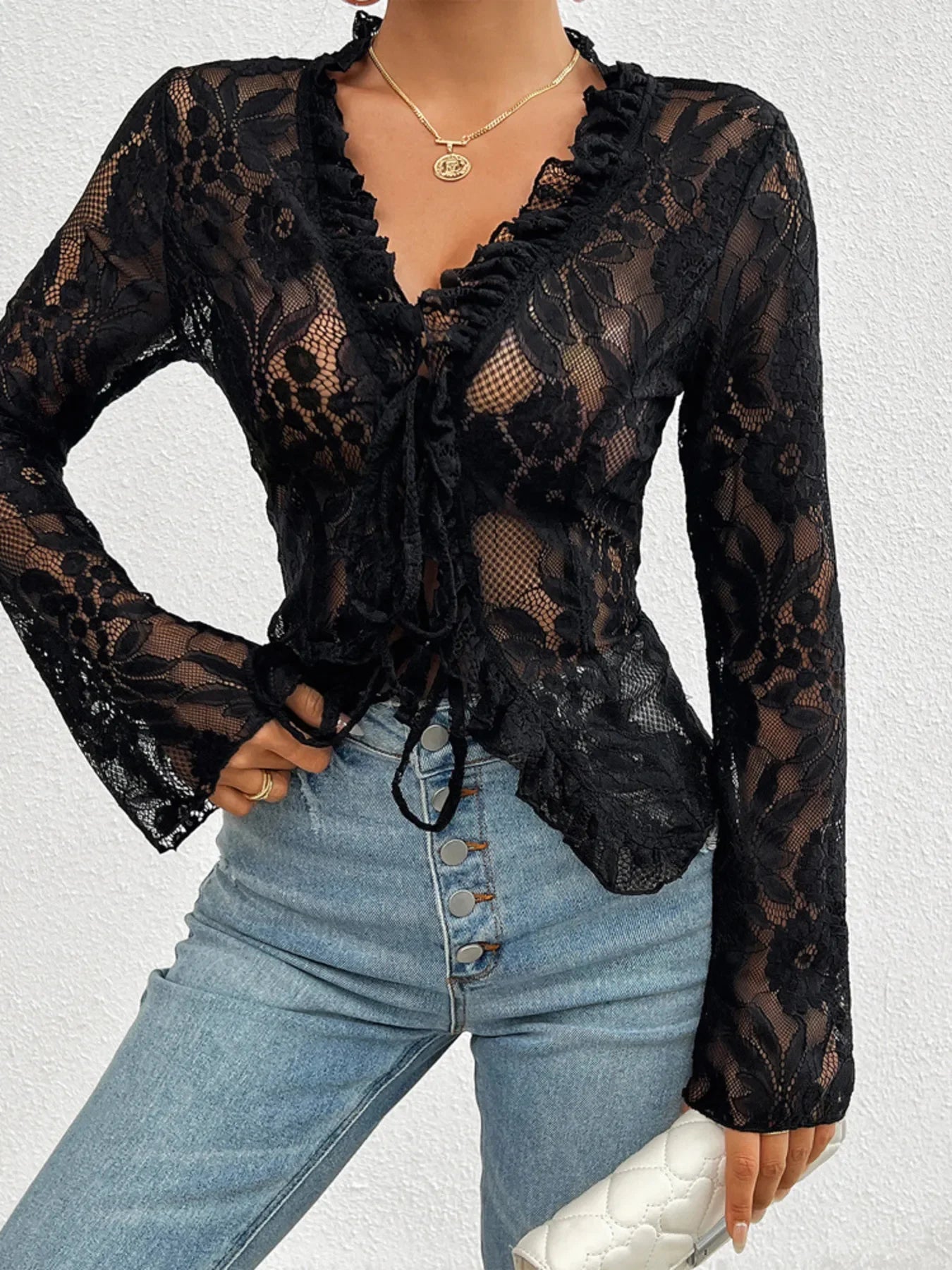Tie Front Long Sleeve Lace Top - Piña Colada