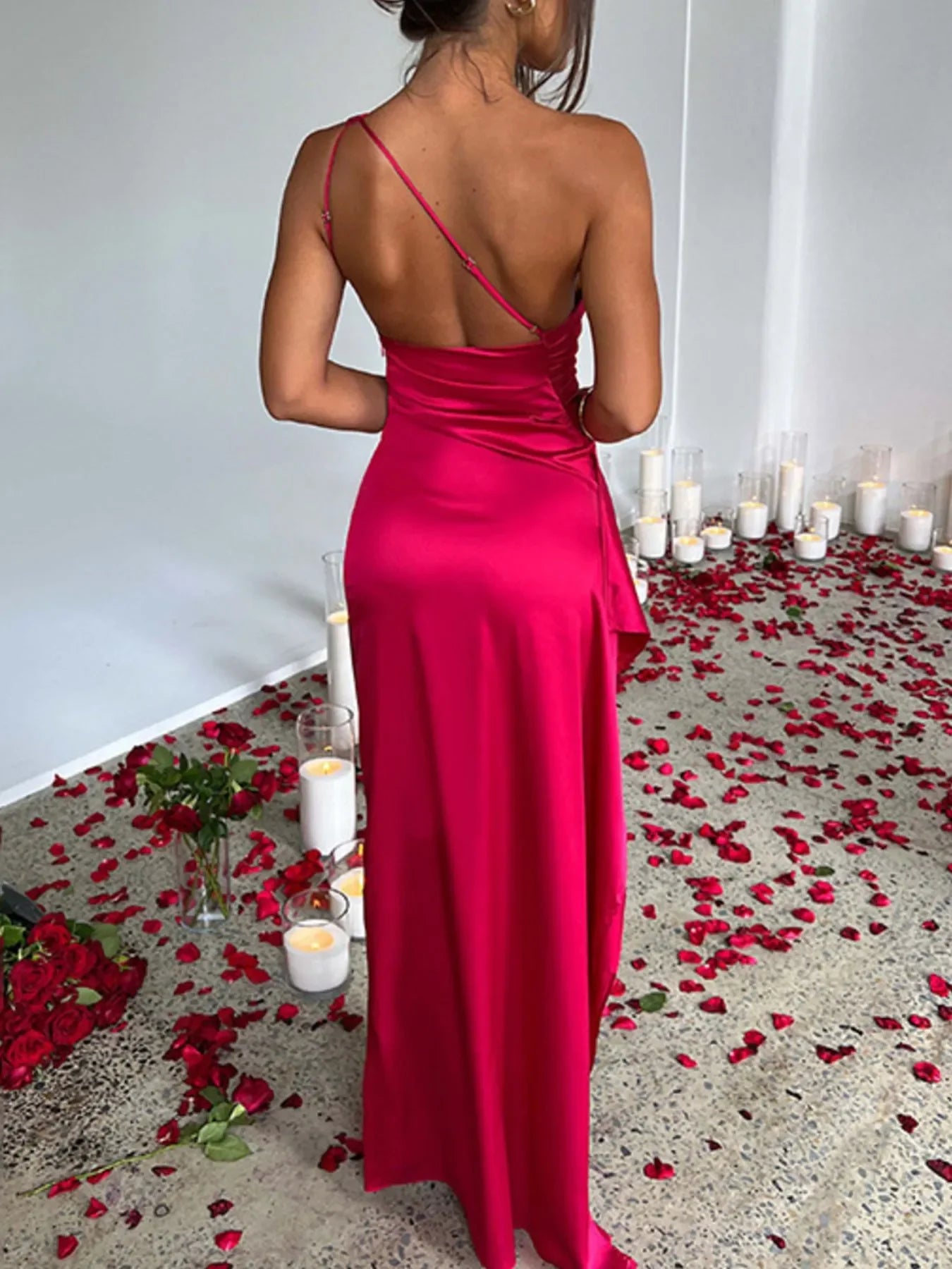 One Shoulder Satin Dress with High Slit - Piña Colada