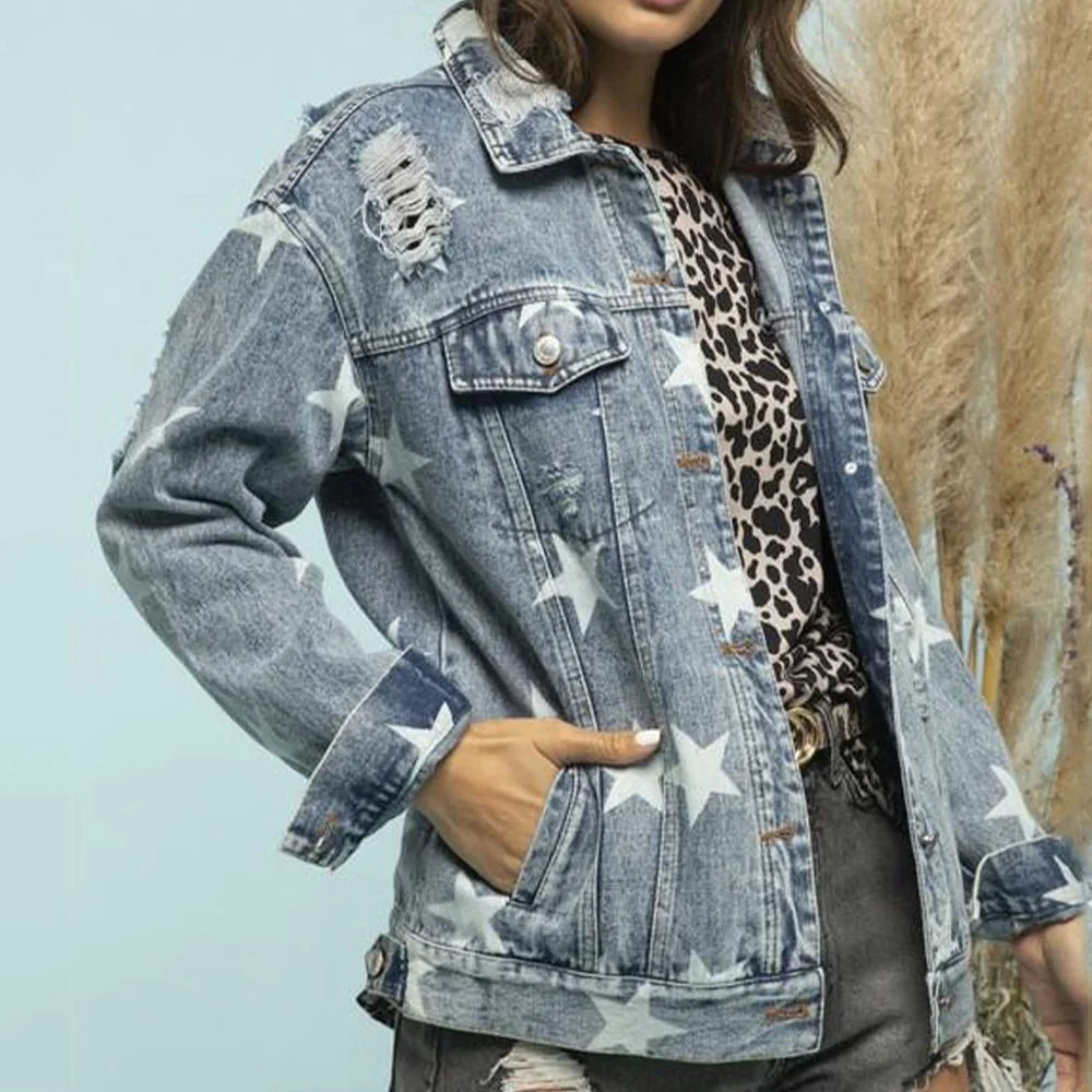 Star Distressed Denim Shacket - Piña Colada