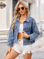Pearl Trim Long Sleeve Denim Jacket - Piña Colada