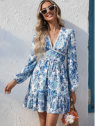 Full Size Floral Print V-Neck Long Sleeve Ruffle Hem Mini Dress Plus Size