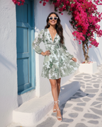 Full Size Floral Print V-Neck Long Sleeve Ruffle Hem Mini Dress Plus Size