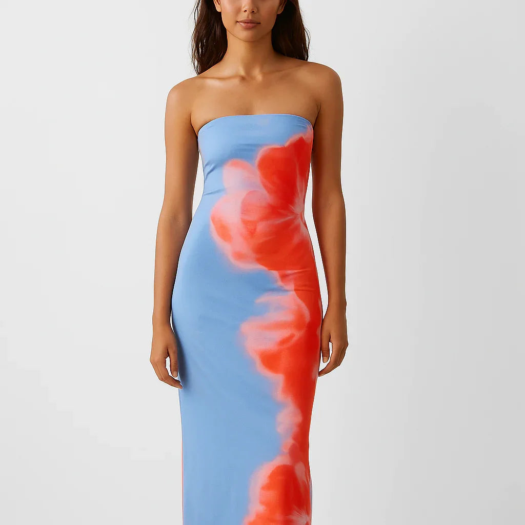 Vestido midi ajustado con estampado sin tirantes