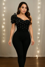 New One Shoulder Beaded Floral Decorate with Belt Black Jumpsuits