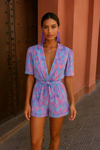 Printed Casual Trendy V-neck Puff Sleeve Elastic Waist Jumpsuits