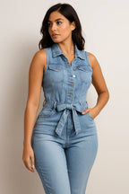 Blue Lace-Up Utility Jumpsuit – High Waist Casual