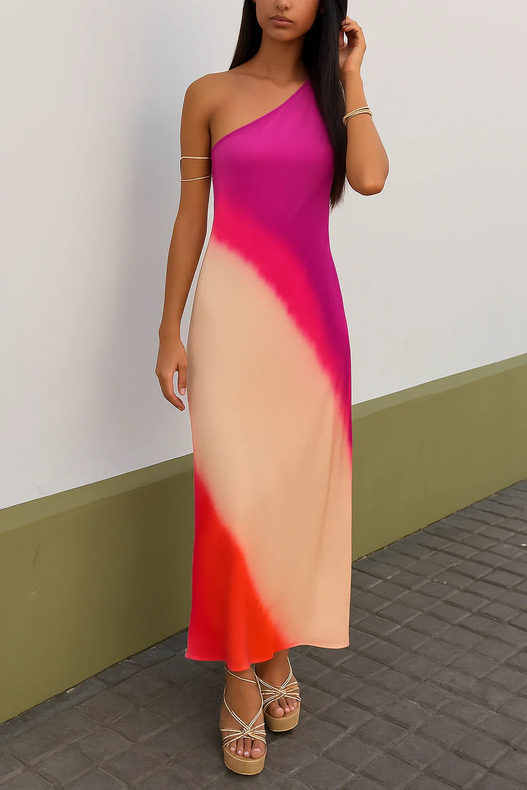 Long Dress Asymmertic Satin Backless